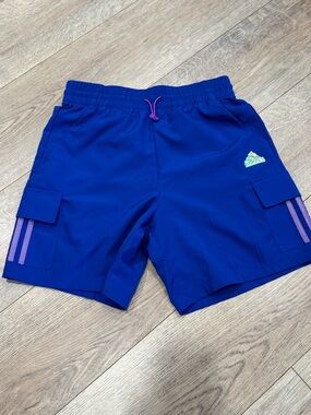 adidas Royal Blue Cargo Athletic Shorts with Purple Accents